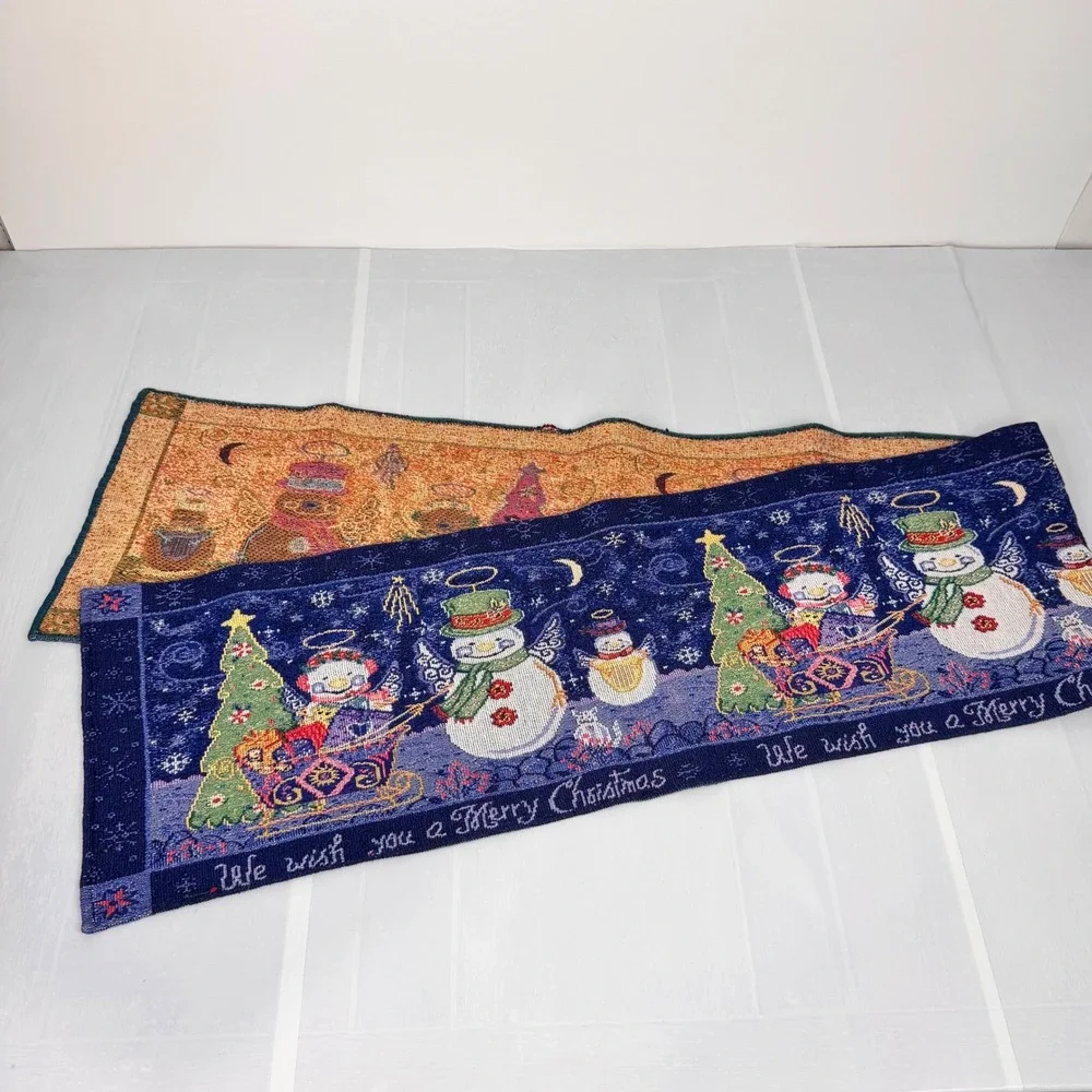 Table Runner Christmas Blue Woven Tapestry Snowman Holiday Decor 72 Inch